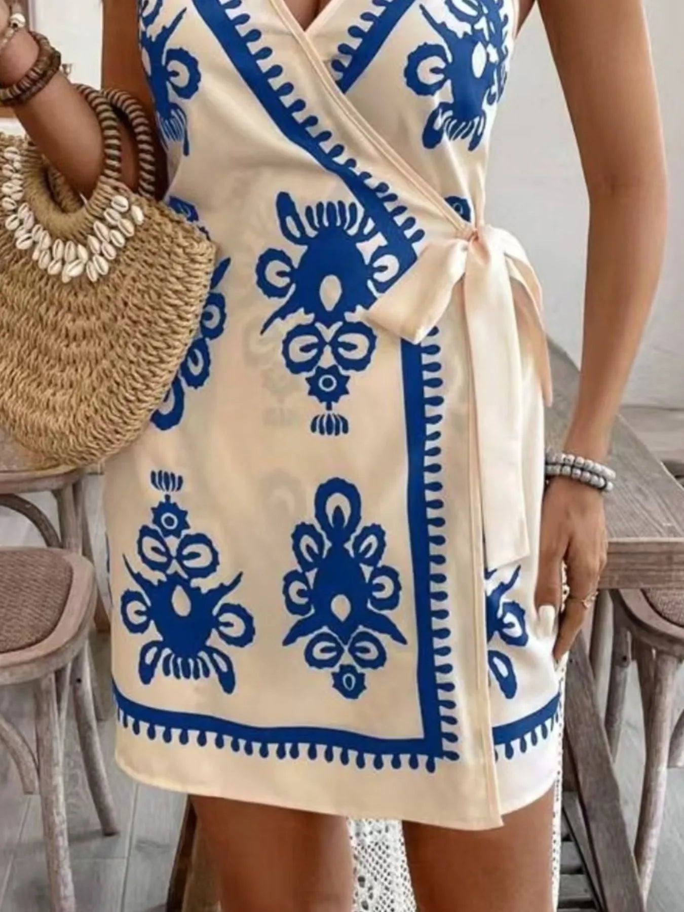 Floral Print Spaghetti Strap Wrap Mini Dress OutfitFlow