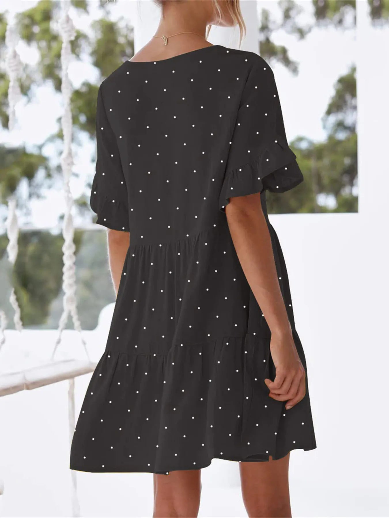 Polka Dot V-Neck Short Sleeve Mini Dress OutfitFlow