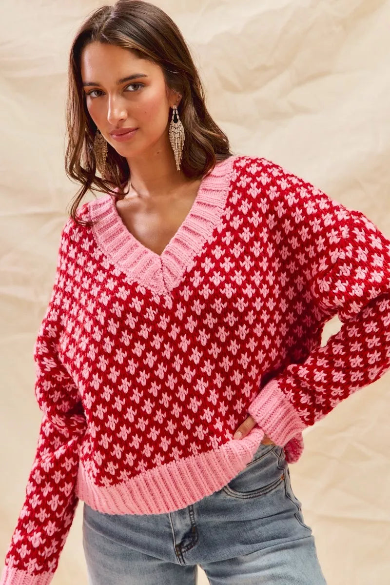 SO ME Color Block Textured Christmas Sweater V Neck Top OutfitFlow