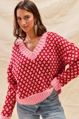 SO ME Color Block Textured Christmas Sweater V Neck Top OutfitFlow