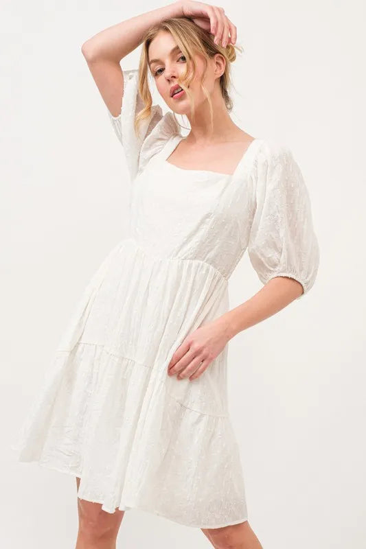 And The Why Square Neck Puff Sleeve Tiered Mini Dress OutfitFlow