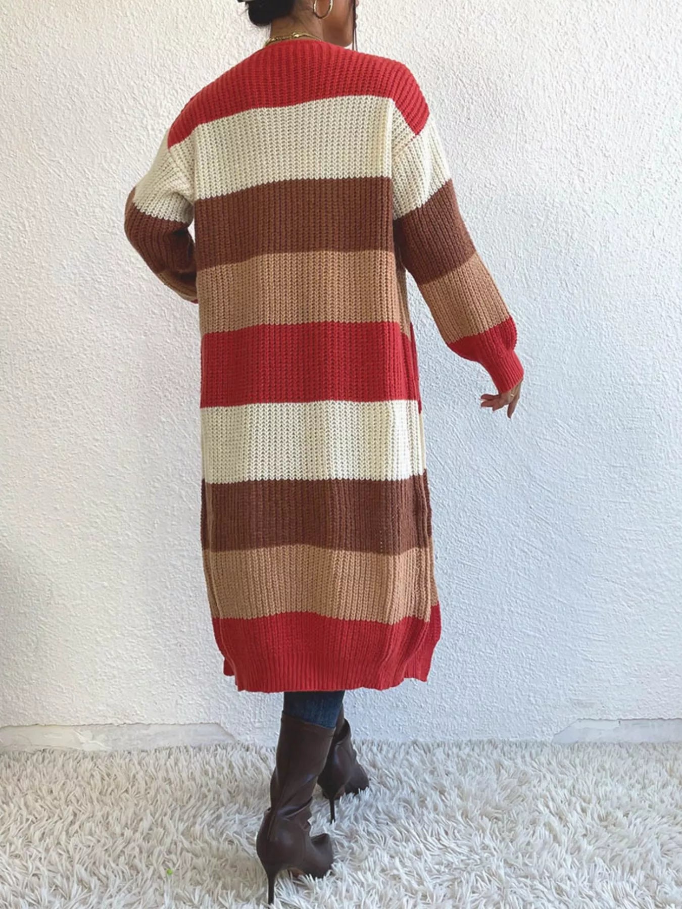 Striped Color Block Open Front Knit Cardigan Trendsi