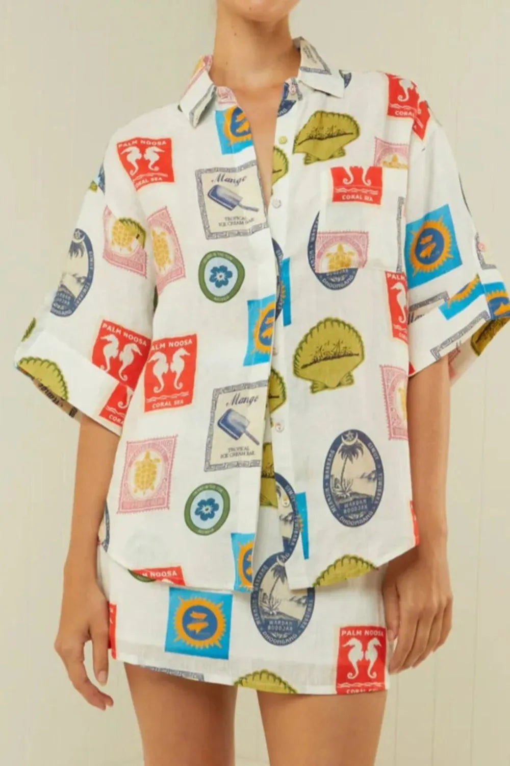 Printed Button Up Shirt and Skirt Set OutfitFlow