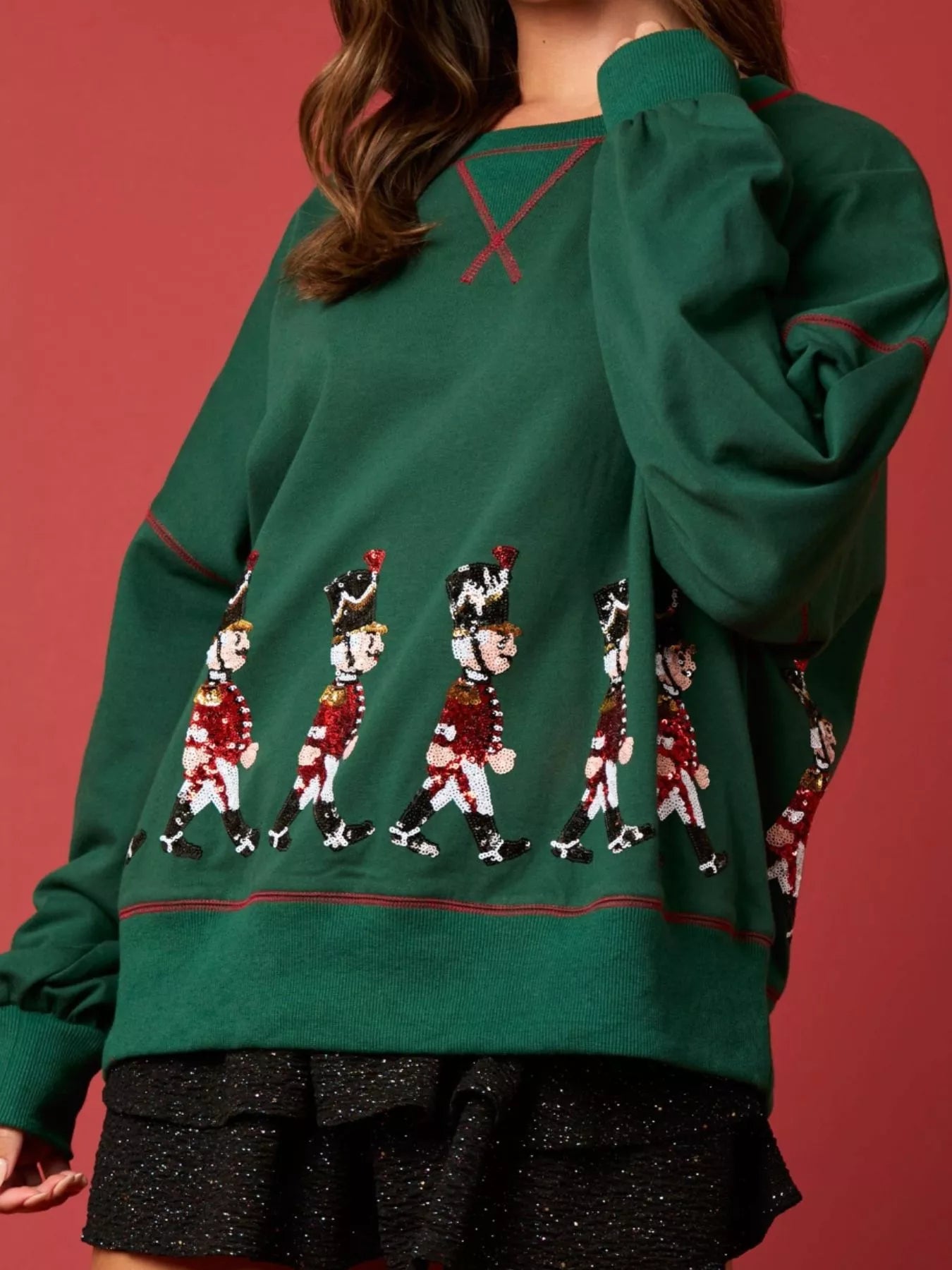 Christmas Marching Band Sequin Sweatshirt Dark Green OutfitFlow