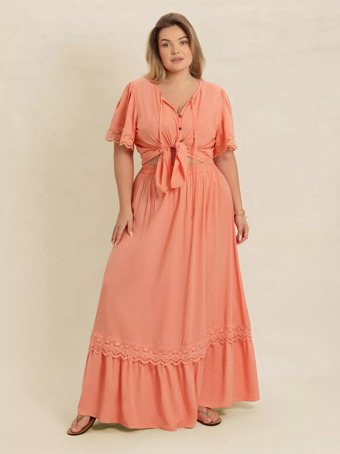 Plus Size Lace Detail Tie Neck Top and Skirt Set OutfitFlow