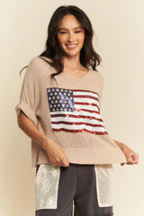 Davi & Dani Sequin American Flag Patch Short Sleeve Knit Top OutfitFlow