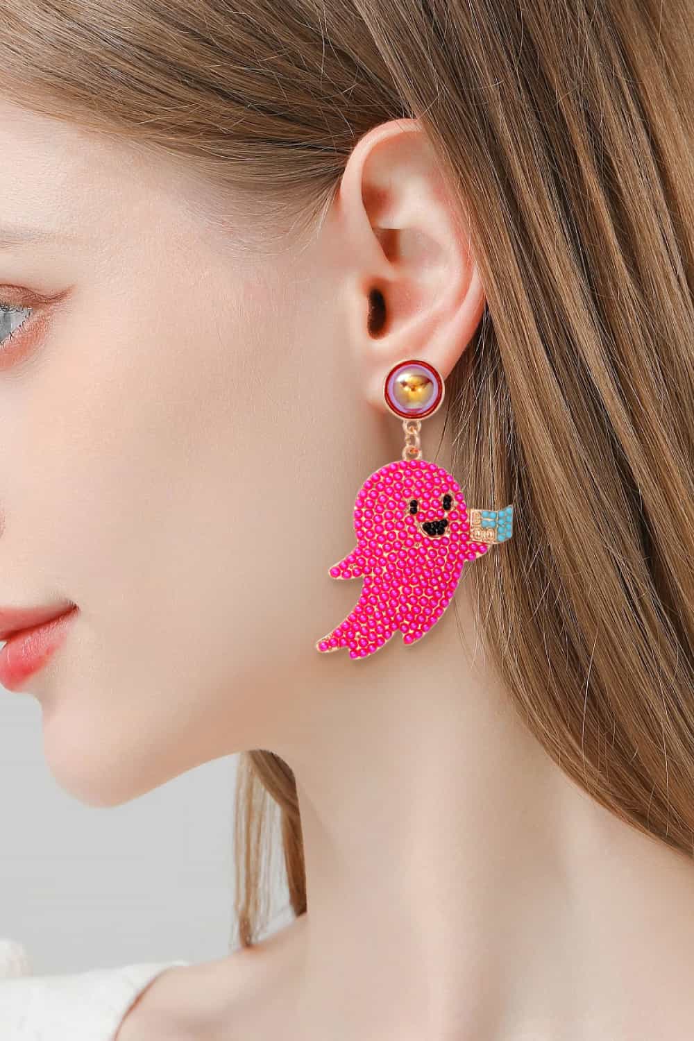 Ghost Shape Synthetic Pearl Dangle Earrings Hot Pink One Size OutfitFlow
