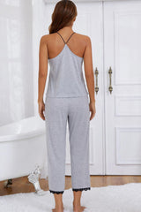 Outfit Flow - Halter Neck Cami and Lace Trim Pajama Set