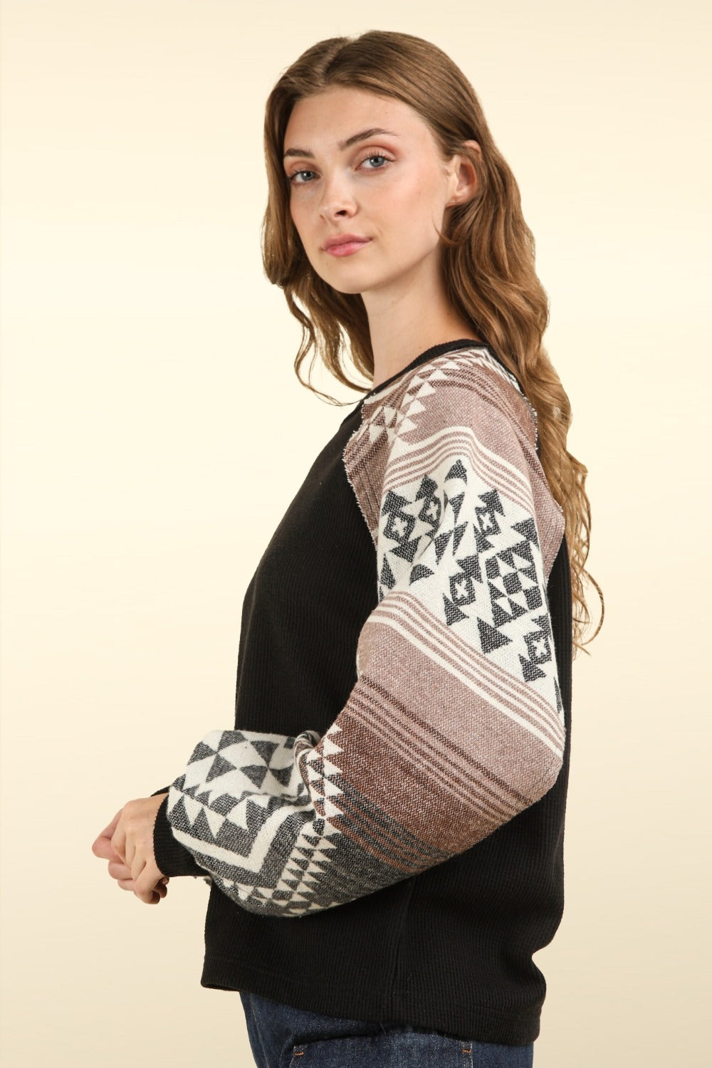 VERY J Printed Long Sleeve Round Neck Knit Top