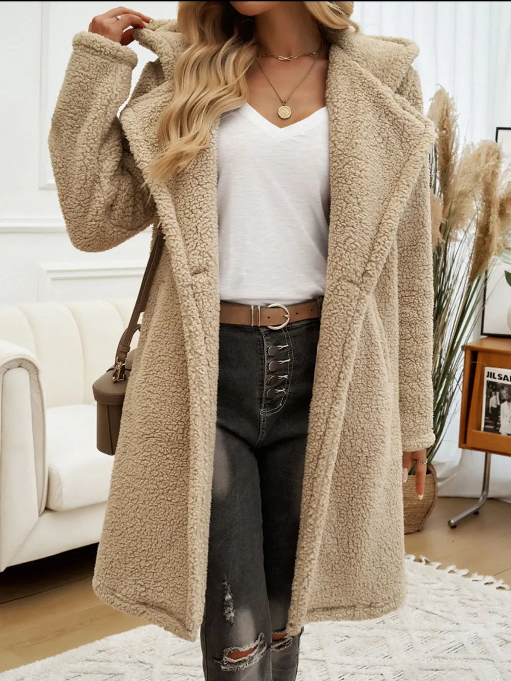 Devine Pocketed Long Sleeve Hooded Teddy Coat Camel Trendsi
