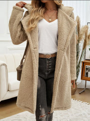 Devine Pocketed Long Sleeve Hooded Teddy Coat Camel Trendsi
