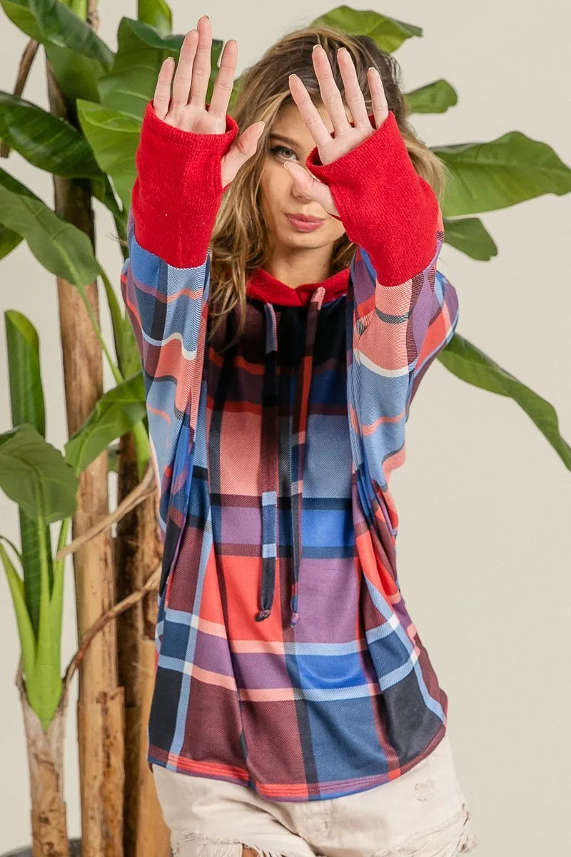 BiBi Plaid Mirr Brushed Rib Contrast Thumb Open Hoodie OutfitFlow