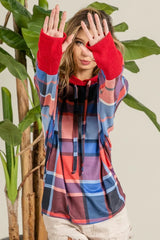 BiBi Plaid Mirr Brushed Rib Contrast Thumb Open Hoodie OutfitFlow