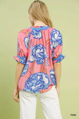 Umgee Floral V-Neck Puff Sleeve Blouse OutfitFlow