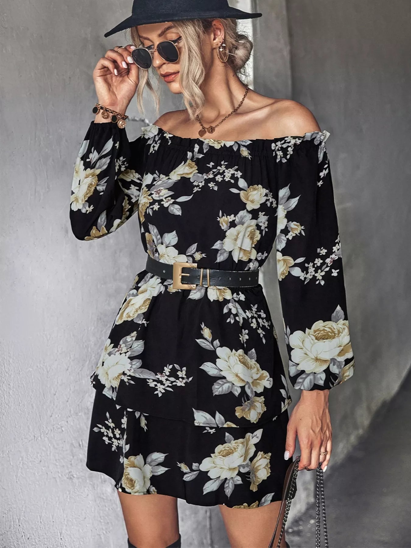 Off-Shoulder Floral Print Long Sleeve Mini Dress OutfitFlow