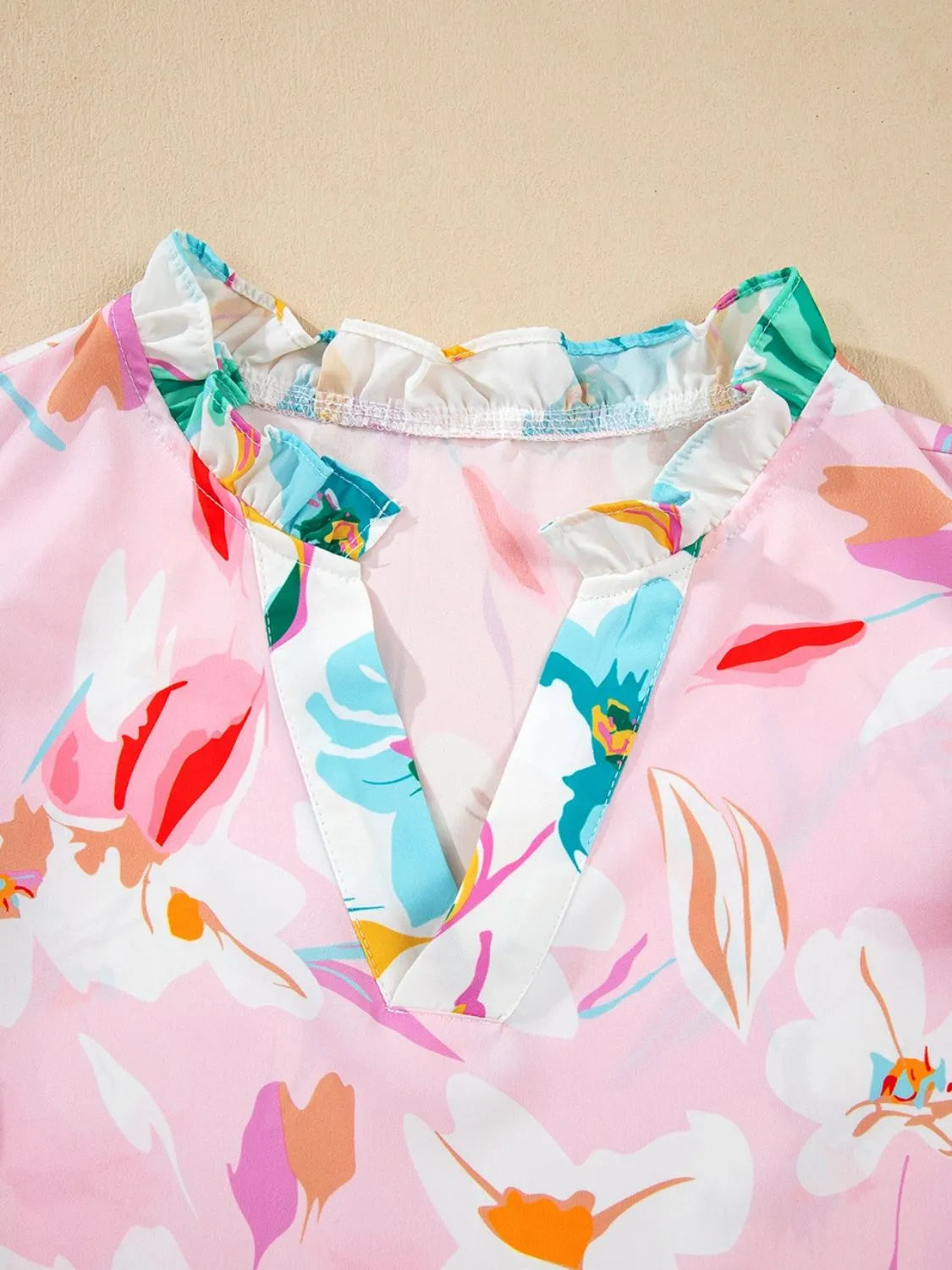 Printed Notched Cap Sleeve Blouse OutfitFlow