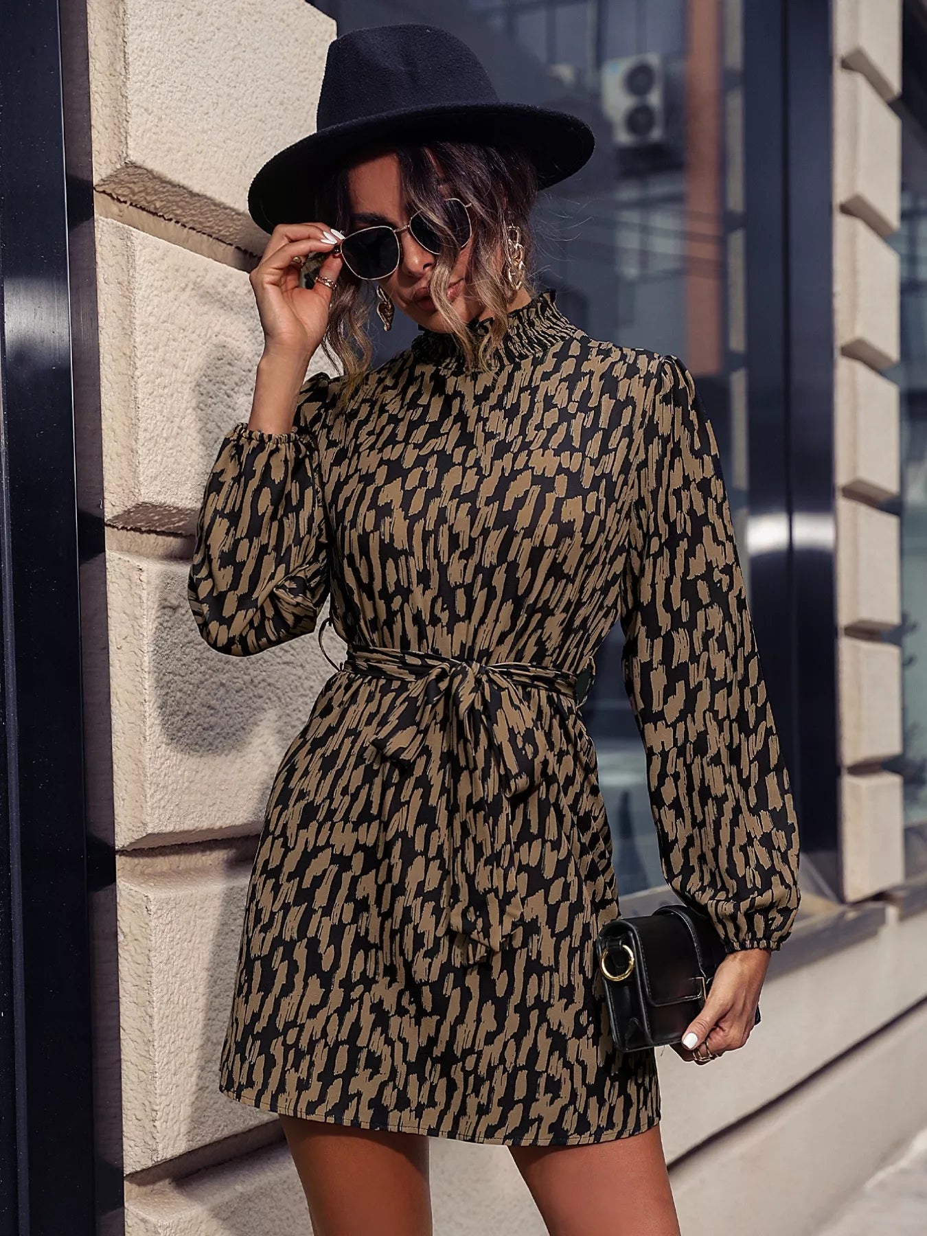 Printed Tie Waist Long Sleeve Dress OutfitFlow