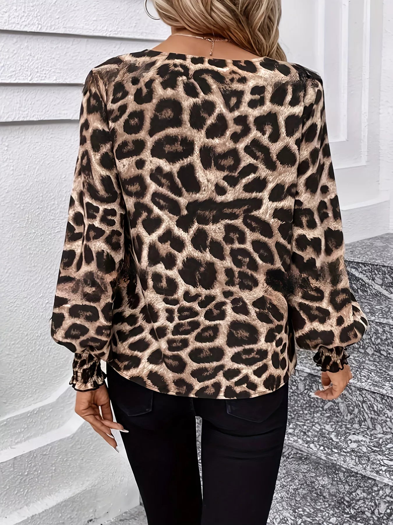 Leopard V-Neck Long Sleeve Blouse OutfitFlow