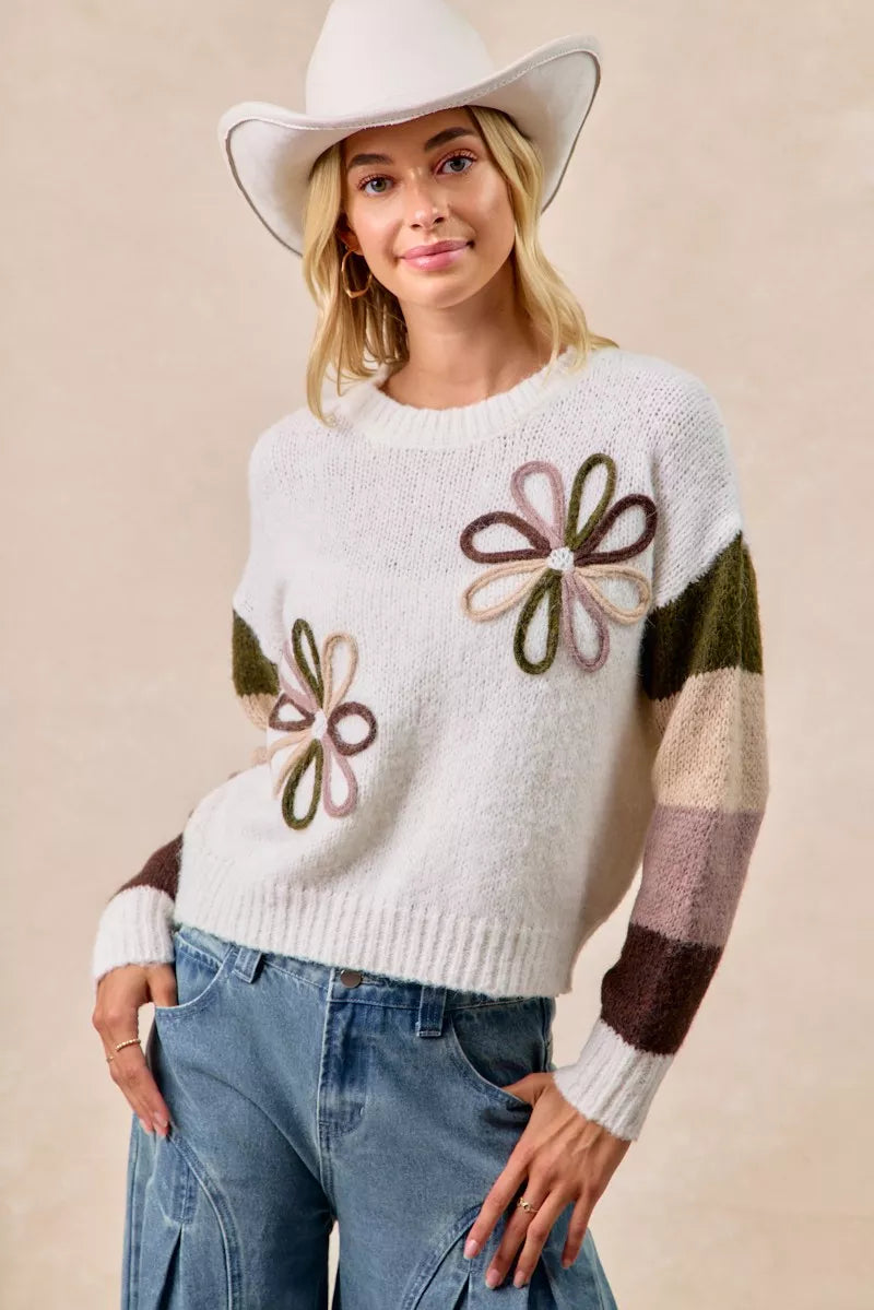 BiBi Flower Color Block Sweater OutfitFlow