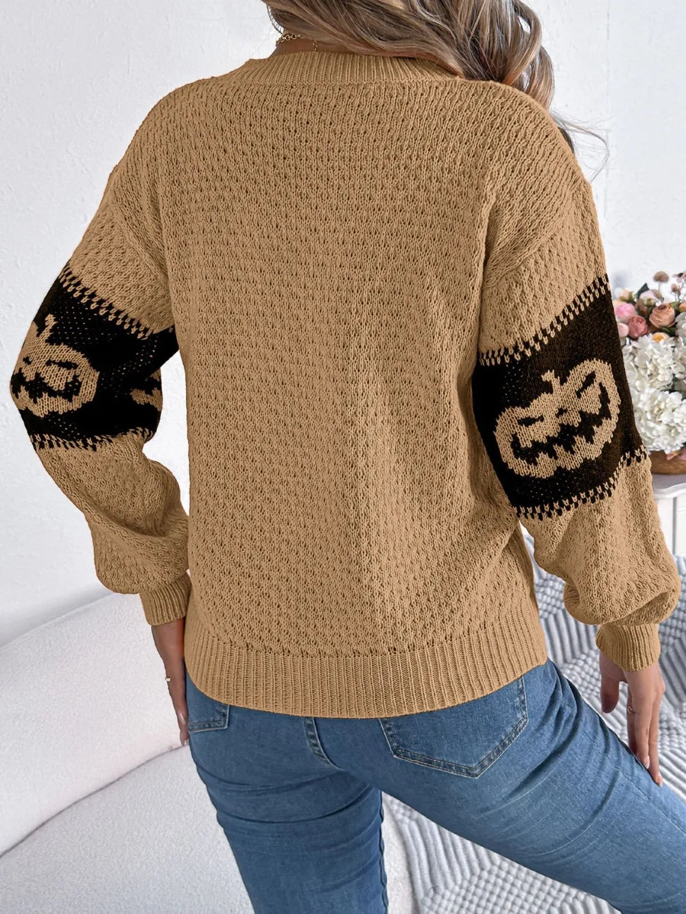 Pumpkin Round Neck Long Sleeve Sweater OutfitFlow