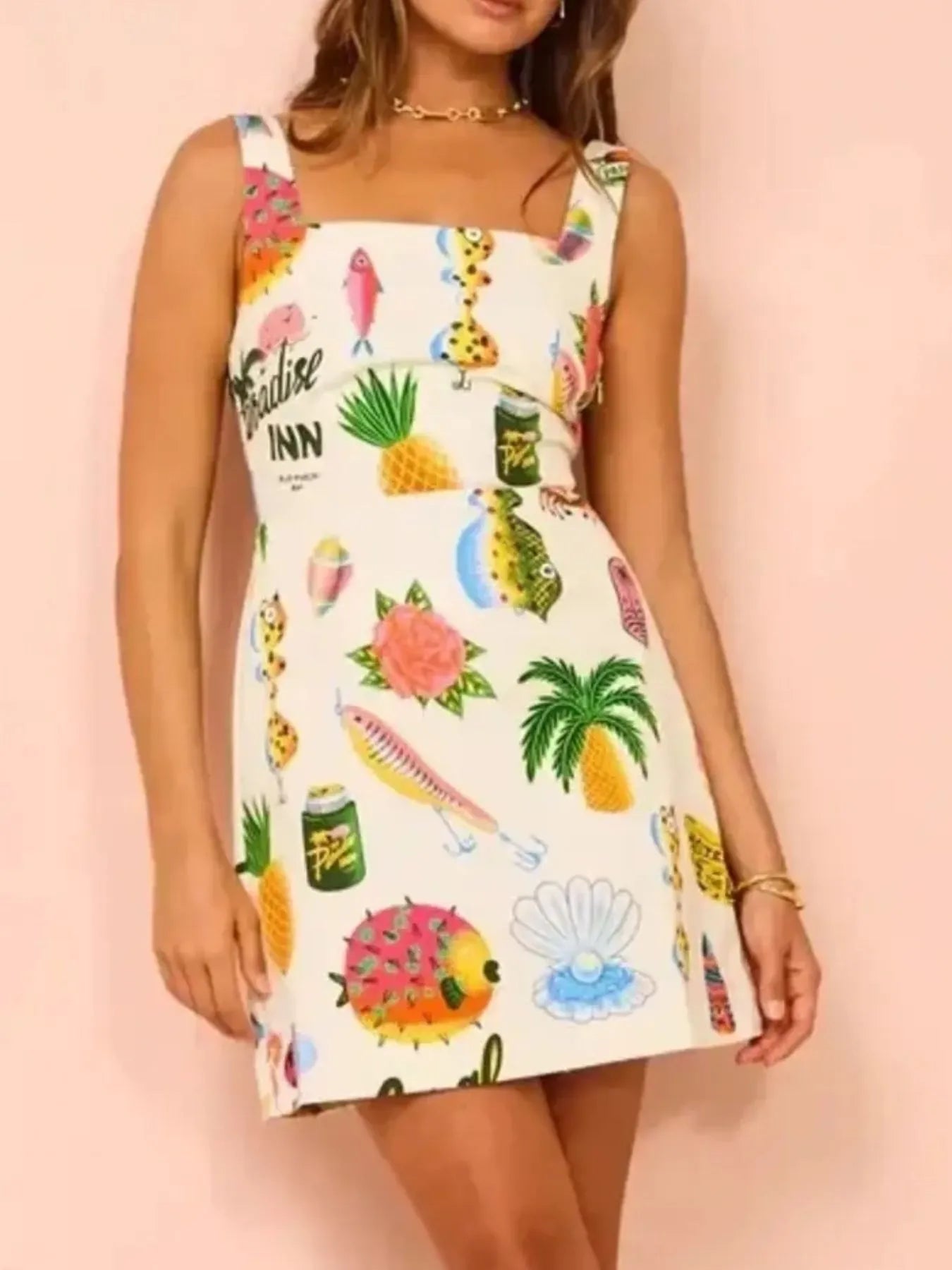 Printed Square Neck Summer Mini Dress OutfitFlow