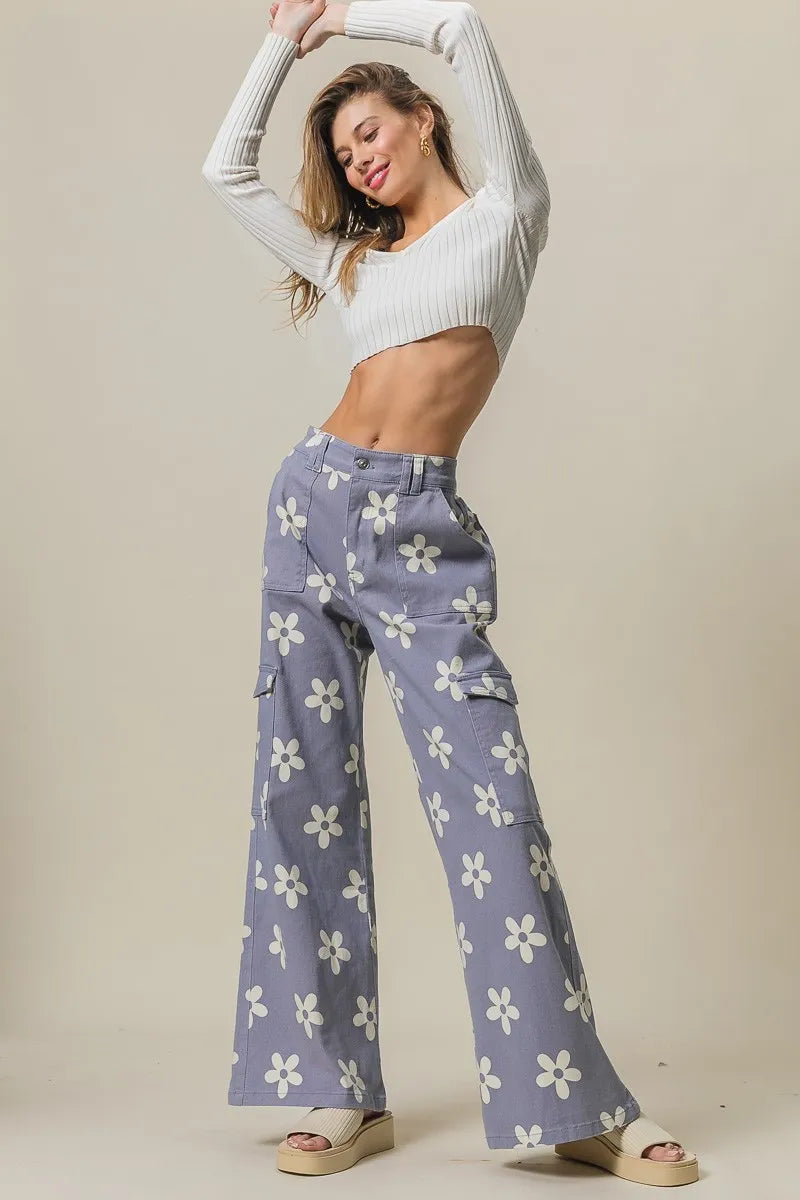 BiBi Flower Printed Side Pocket Wide Pants OutfitFlow