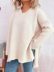 V-Neck Dropped Shoulder Sweater OutfitFlow