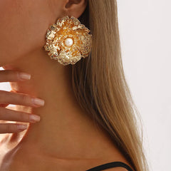 Gold Textured Flower Pearl Center Statement Earrings OutfitFlow