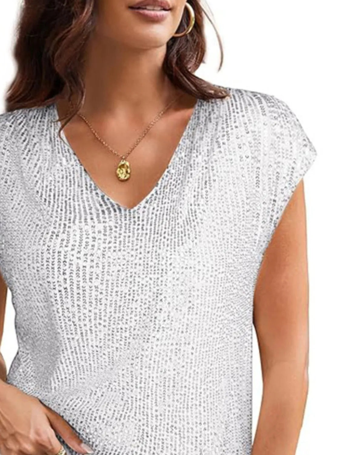 V-Neck Sequin Cap Sleeve Top OutfitFlow