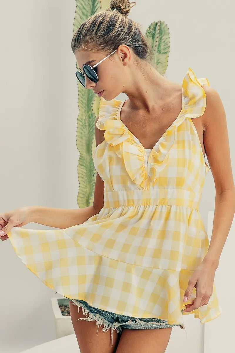 BiBi Ruffled Neckline Sleeveless Check Plaid Peplum Top OutfitFlow