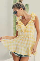 BiBi Ruffled Neckline Sleeveless Check Plaid Peplum Top OutfitFlow