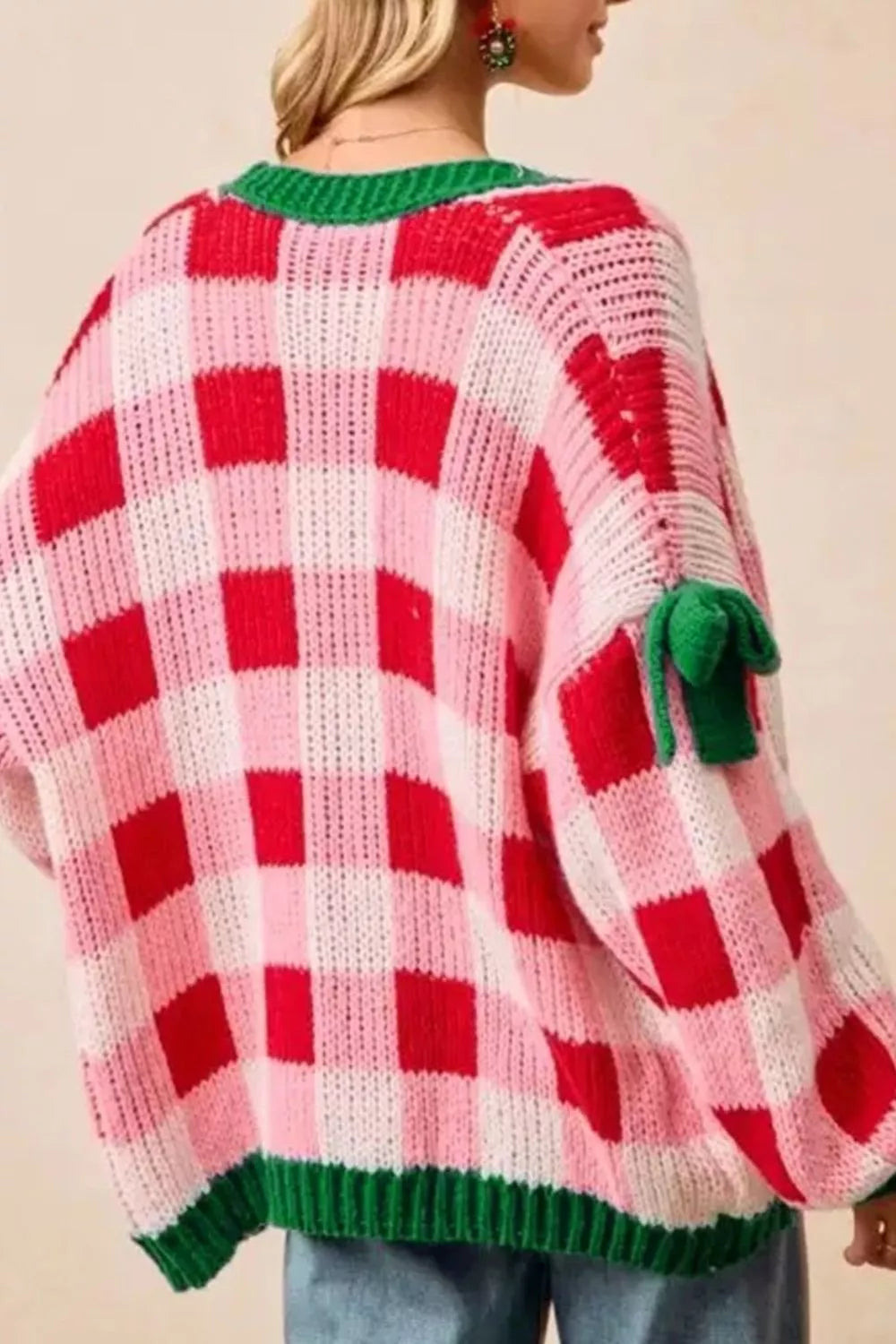 Checkered Bow-Tie Sleeve Knit Christmas Cardigan OutfitFlow