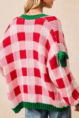 Checkered Bow-Tie Sleeve Knit Christmas Cardigan OutfitFlow
