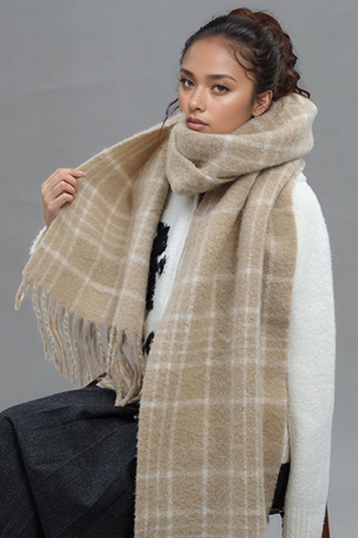 Fringe Plaid Thermal Scarf Tan One Size OutfitFlow