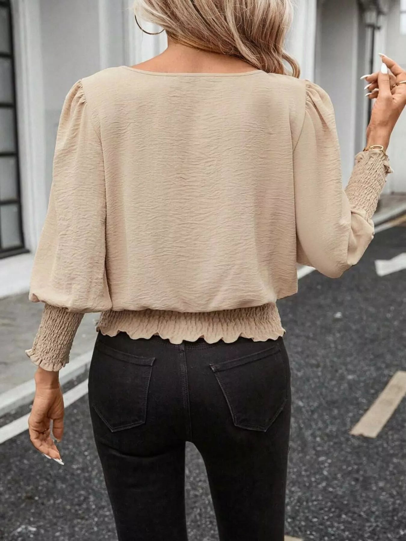 Smocked Waist Round Neck Blouse Trendsi