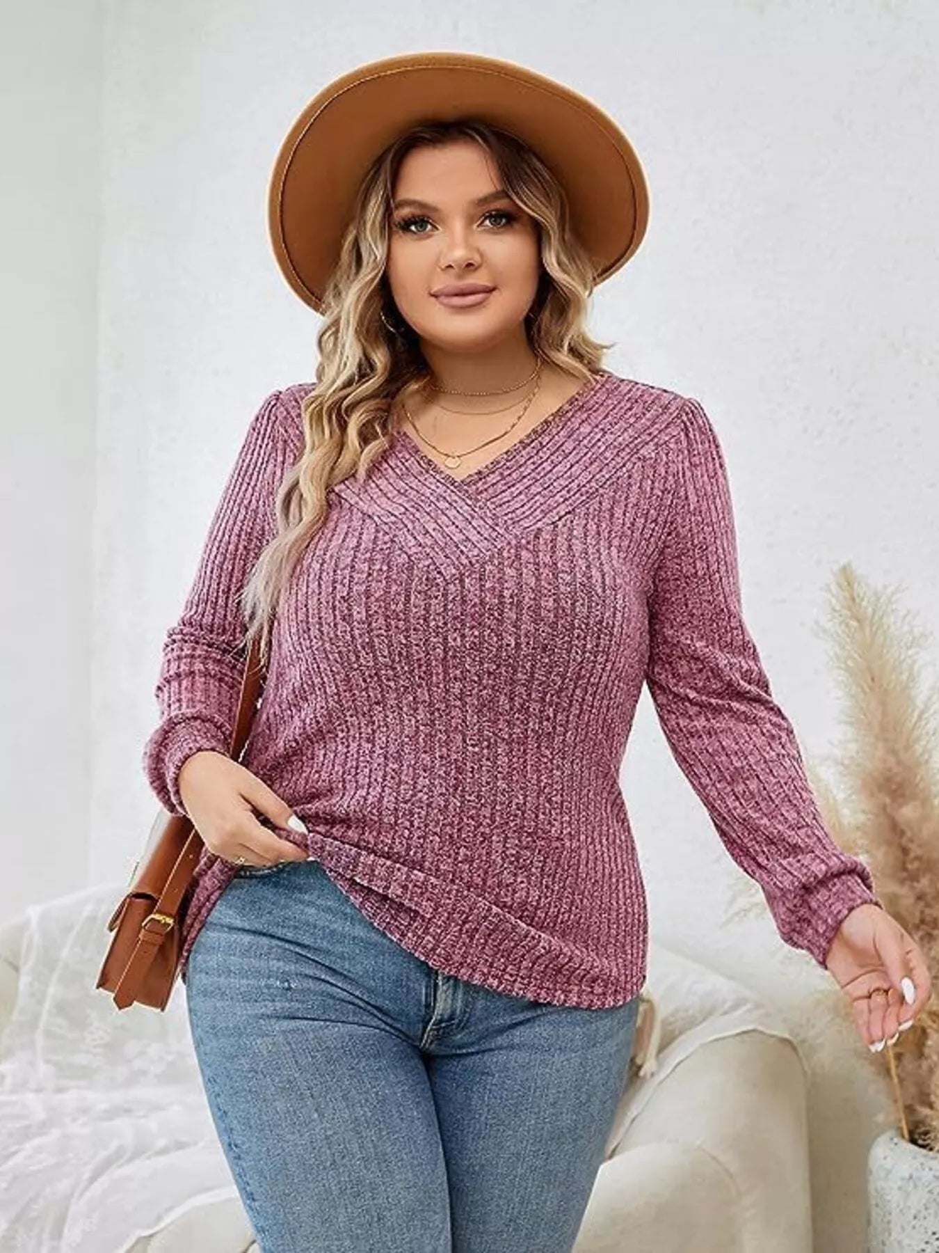 V-Neck Ribbed Long Sleeve Knit Top OutfitFlow