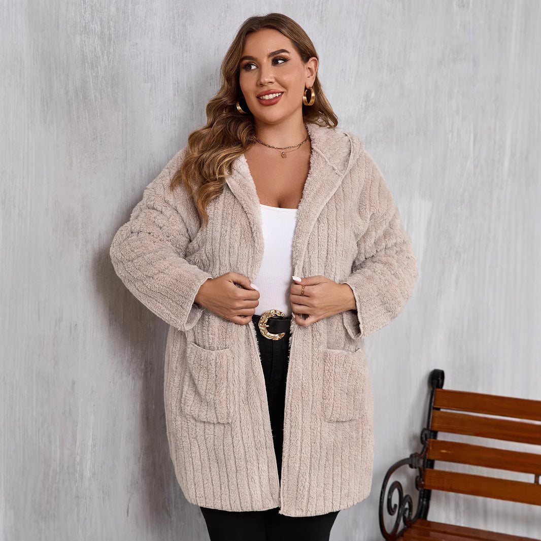 Outfit Flow - Plus Size Open Front Long Sleeve Hooded Fuzzy Jacket