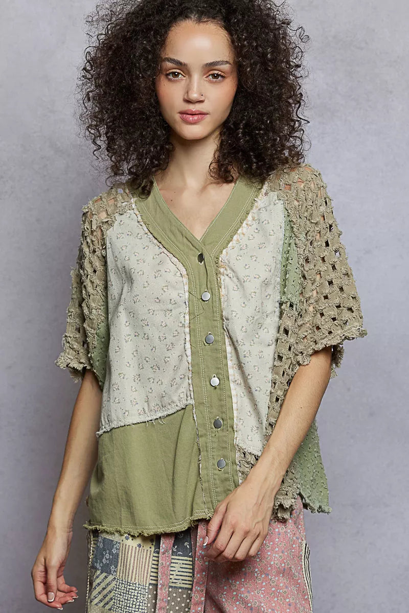 POL Button Down V-Neck Jacket with Printed Woven Patchwork OLIVE MULTI OutfitFlow
