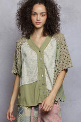 POL Button Down V-Neck Jacket with Printed Woven Patchwork OLIVE MULTI OutfitFlow