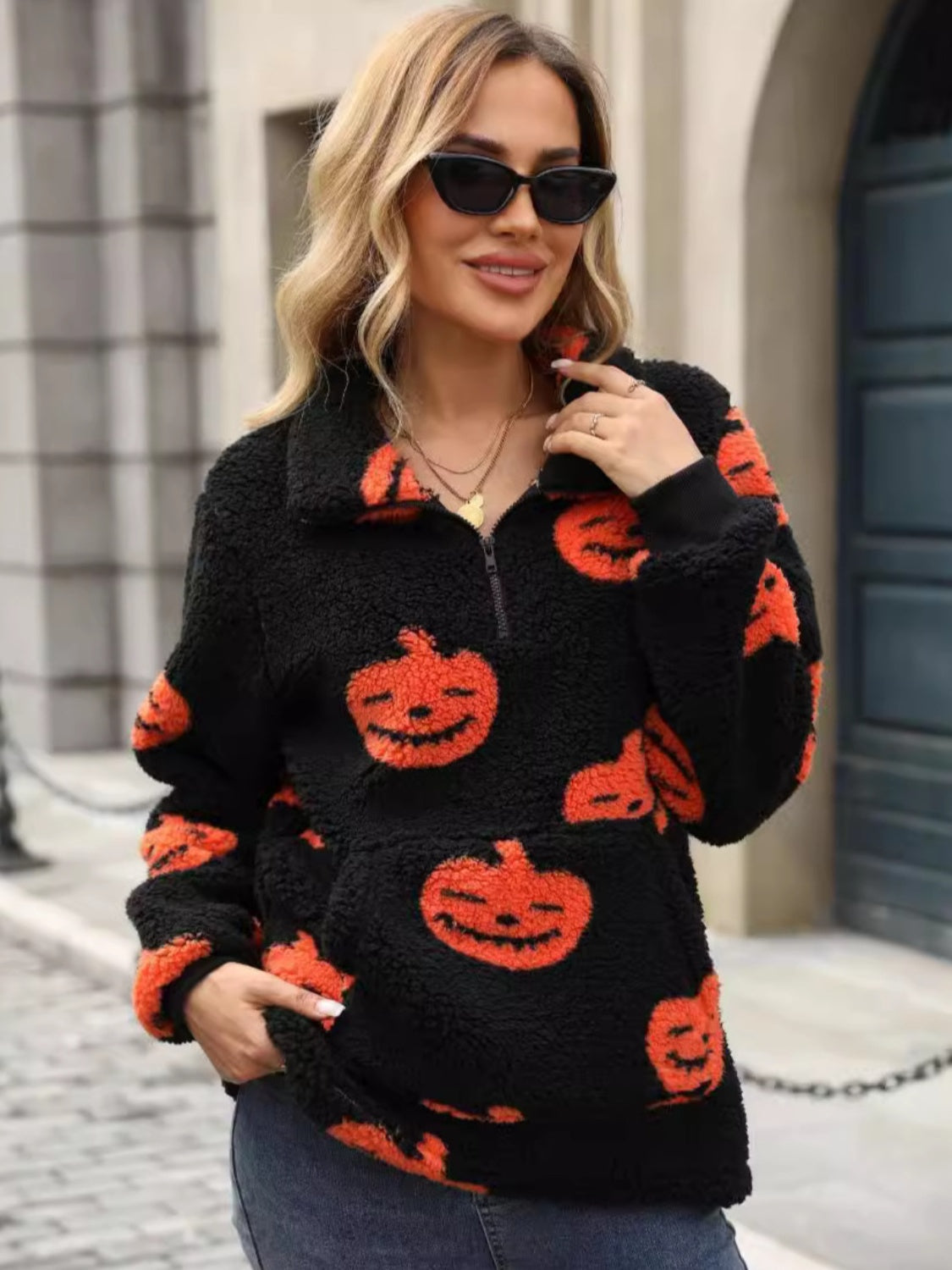 Outfit Flow - Jack-O'-Lantern Half Zip Long Sleeve Sweatshirt