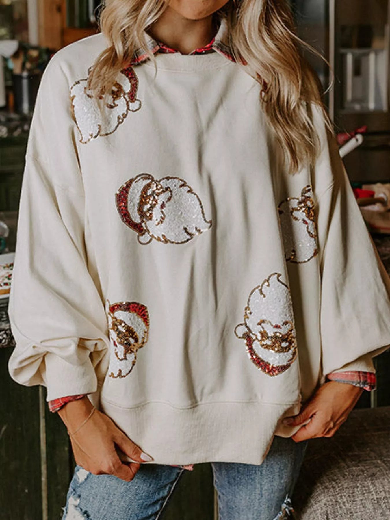 Christmas Santa Long Sleeve Sweatshirt White OutfitFlow