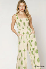 Umgee Smocked Printed Wide Leg Jumpsuit OutfitFlow
