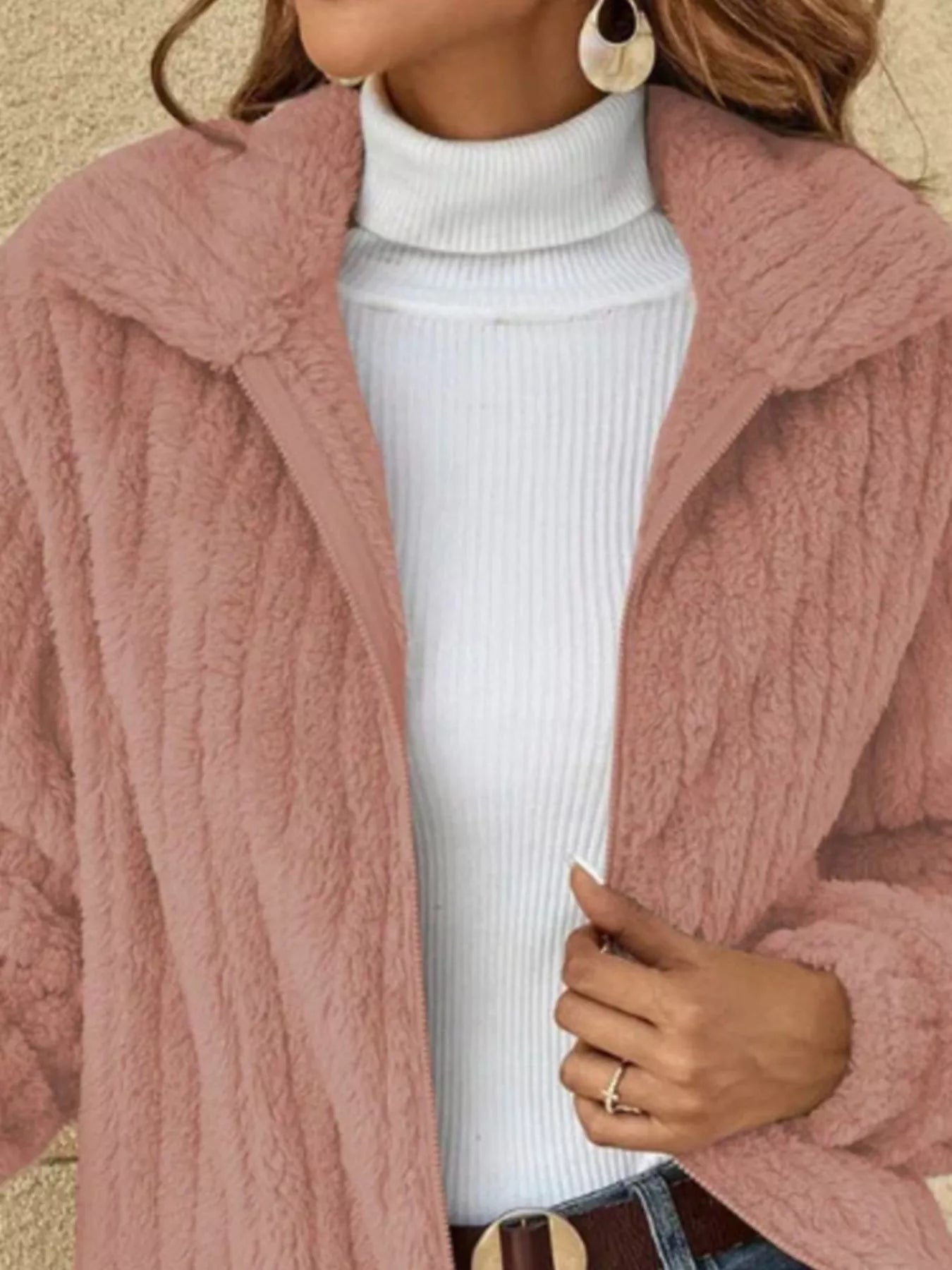 Full Size Zip-Up Long Sleeve Texture Jacket Plus Size OutfitFlow