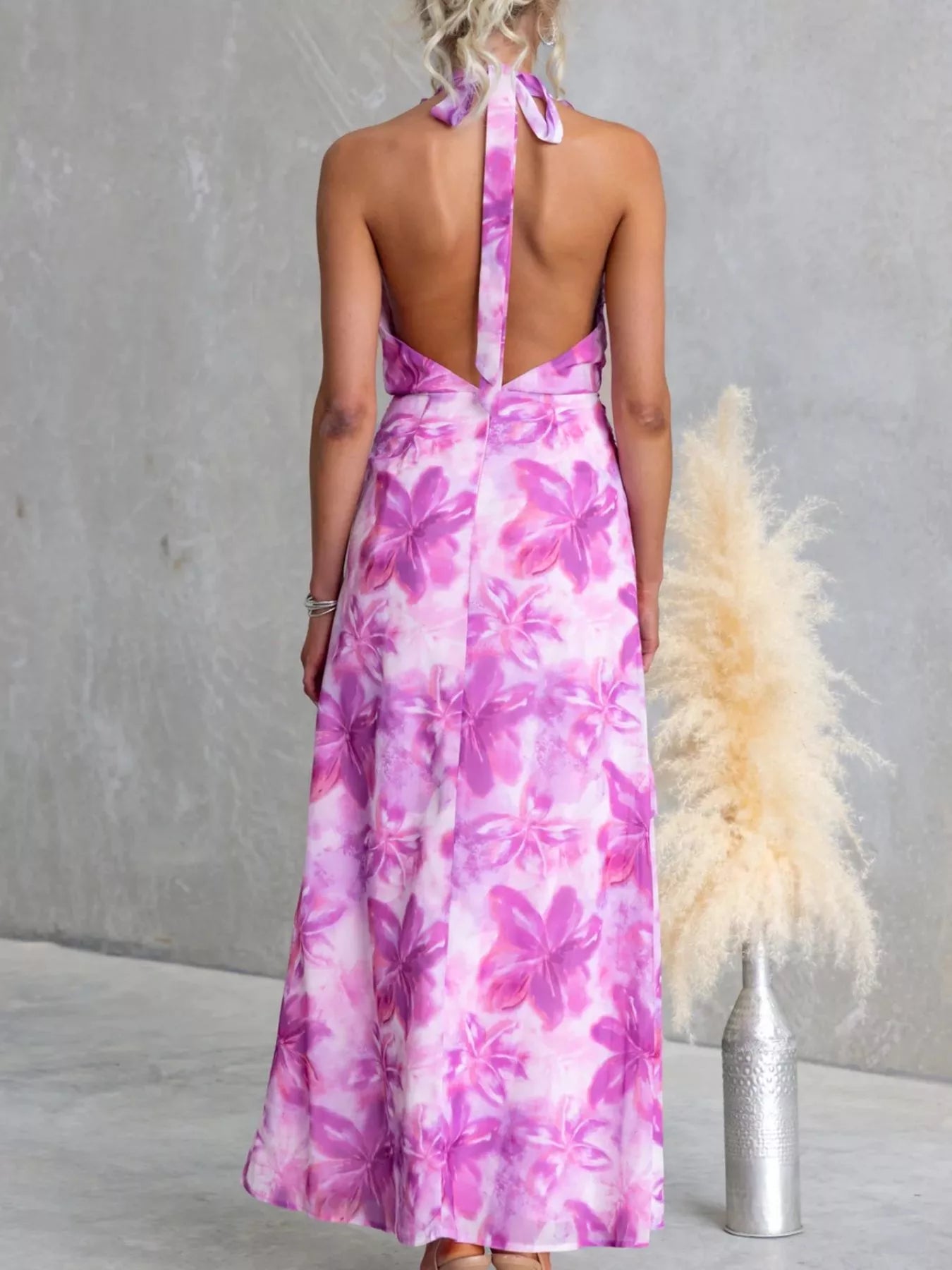 Floral Print Ruffle Halter Neck Maxi Dress OutfitFlow