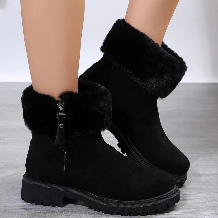 Outfit Flow - Suede Faux Fur Boots with Side Zipper