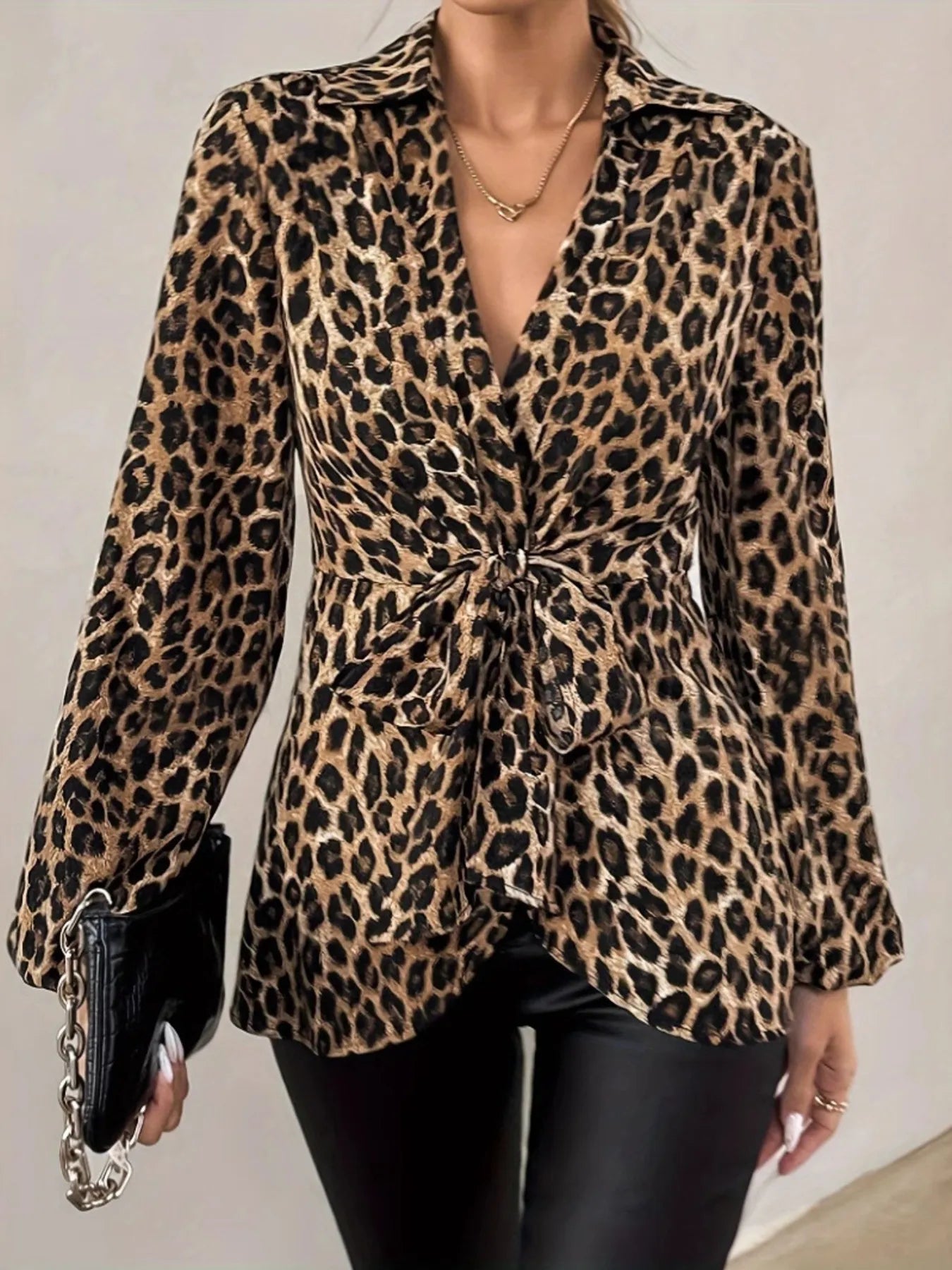 Leopard Tie Front Long Sleeve Blouse OutfitFlow