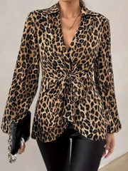 Leopard Tie Front Long Sleeve Blouse OutfitFlow