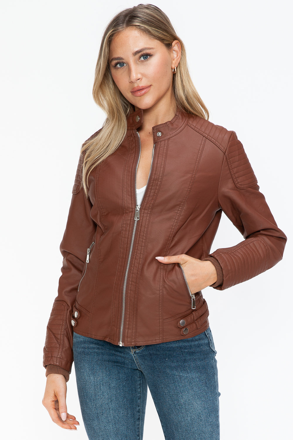 Outfit Flow - Snobbish Faux Leather Biker Jacket with Side Zip Pockets