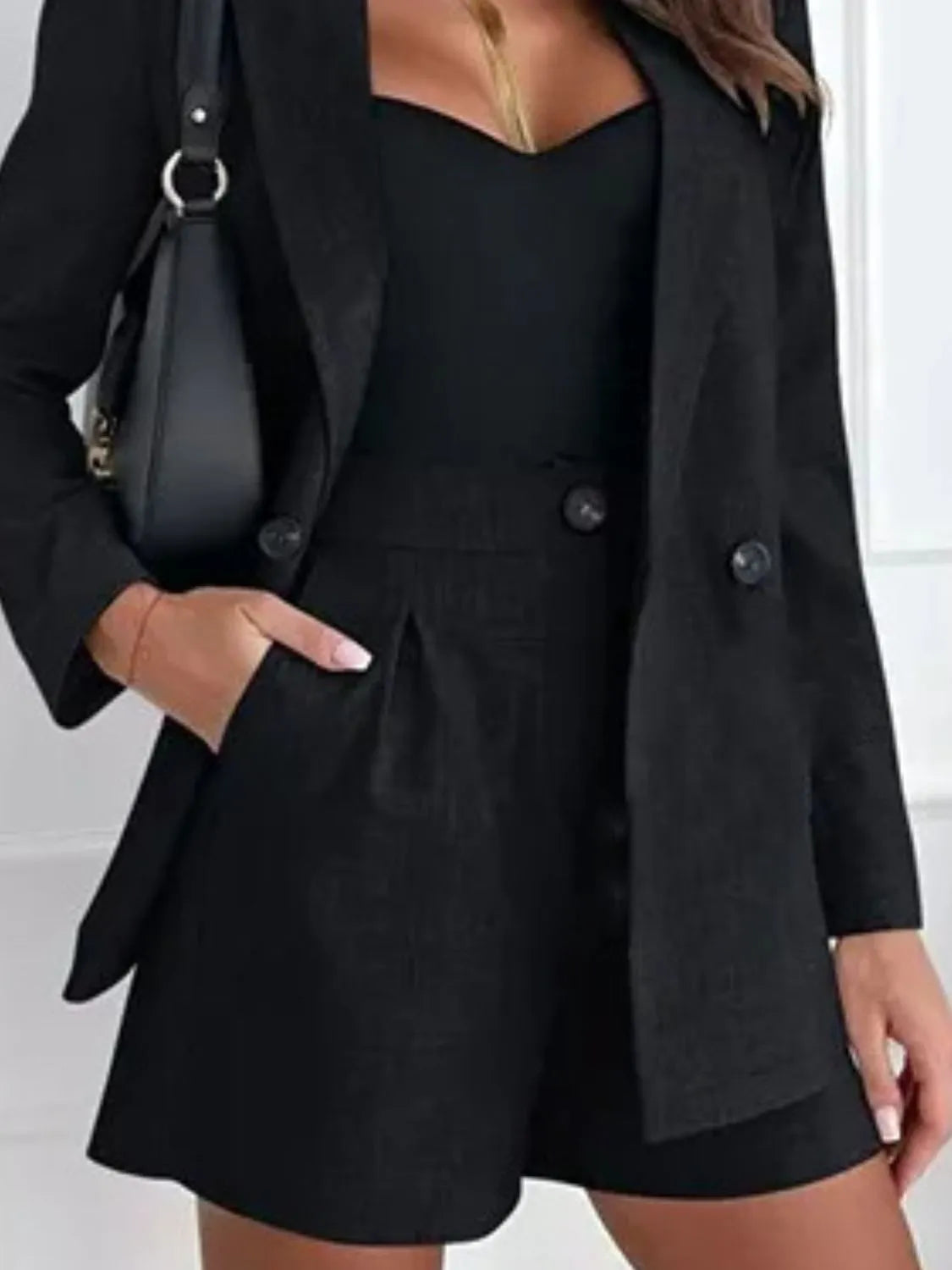 One Button Lapel Collar Blazer and Shorts Set OutfitFlow