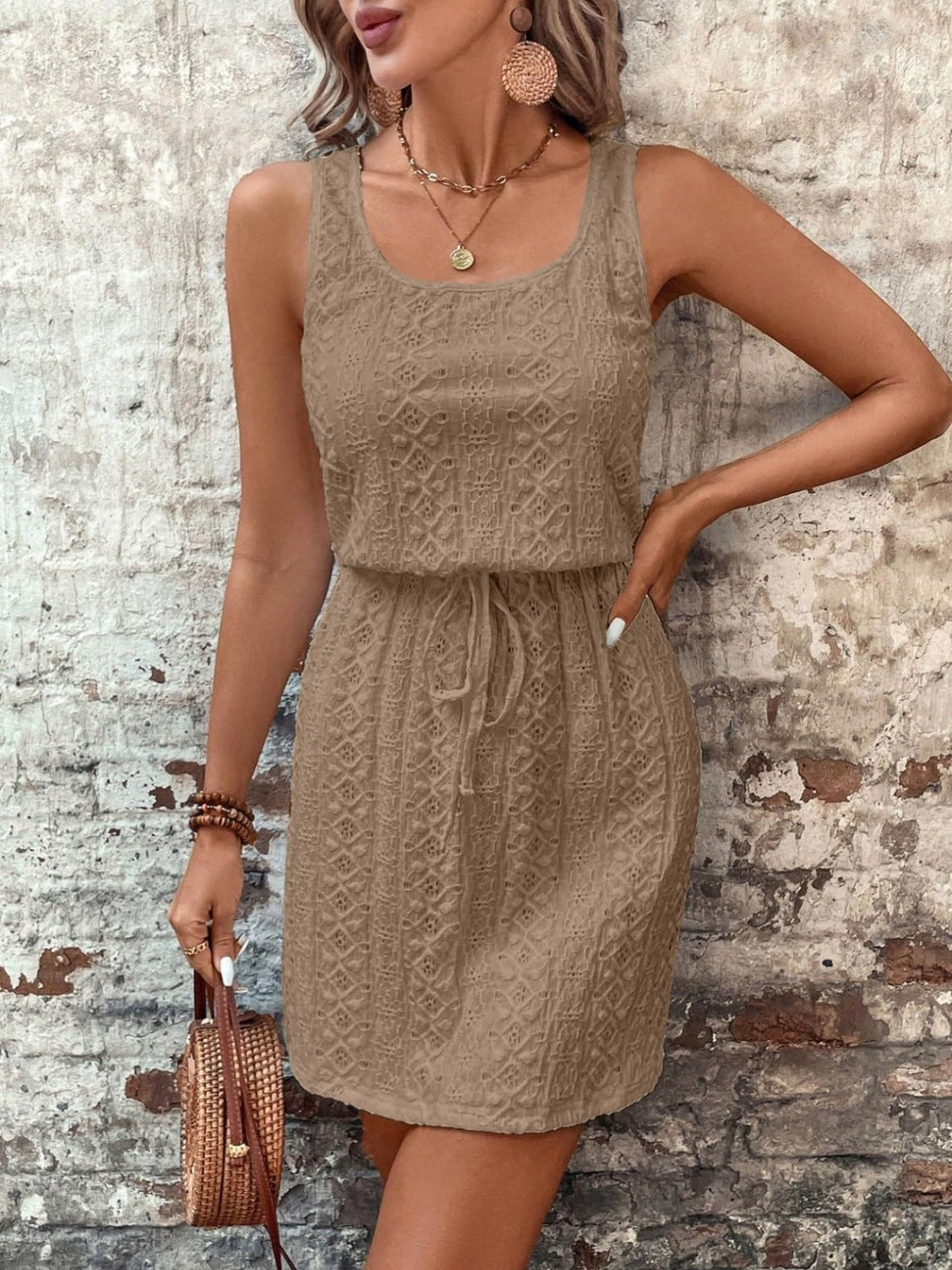Eyelet Drawstring Round Neck Sleeveless Dress Taupe OutfitFlow